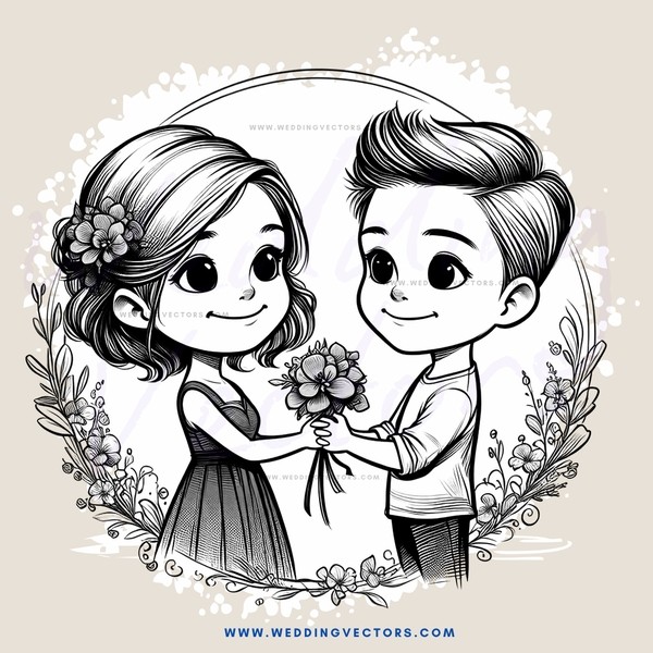 girl and boy with flowers in their hands