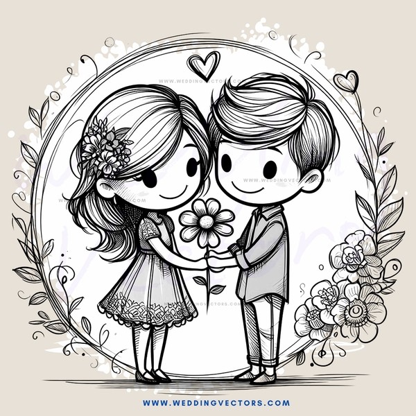 a cartoon couple holding flowers and wearing dresses