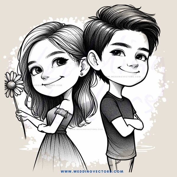 cartoon boy and girl pose together with flowers in their hands
