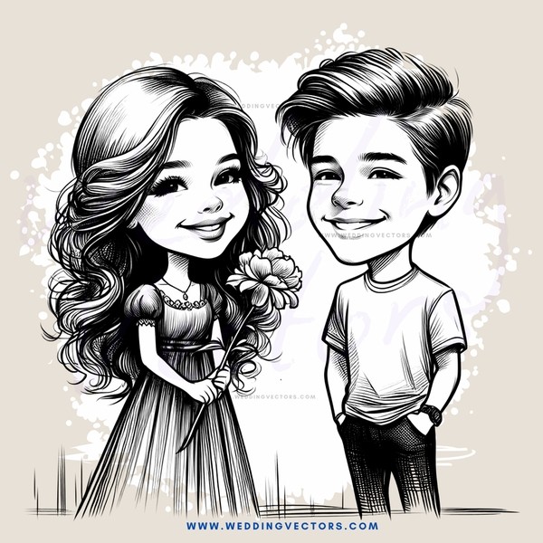 cartoon couple smile and hold flower