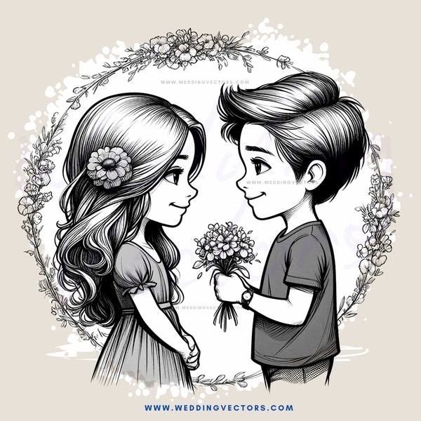 two kids holding flowers and smiling at each other