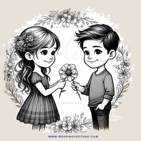 a boy and girl holding flowers