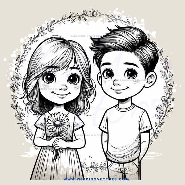two kids smiling in front of flower border