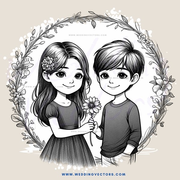 the boy and girl picture with flowers and leaves behind them