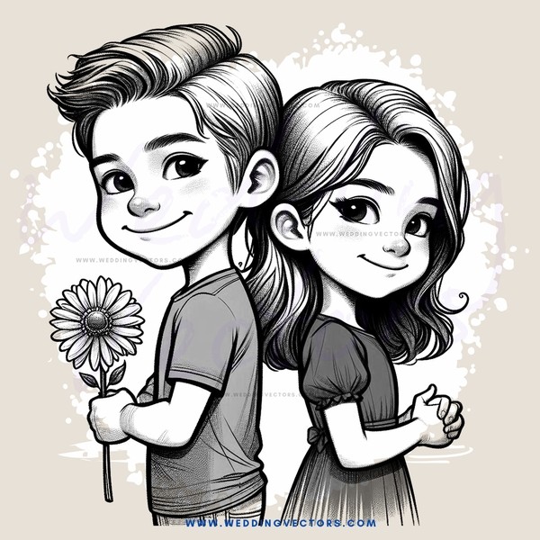 two kids holding hands and flowers