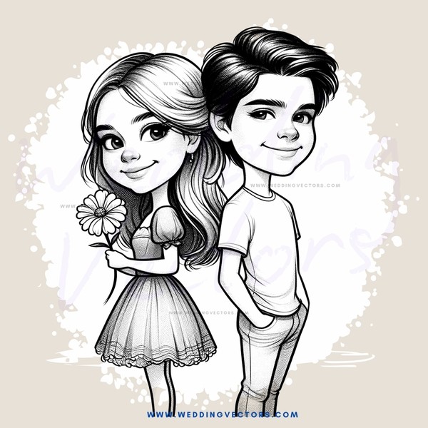 cartoon couple holding flowers