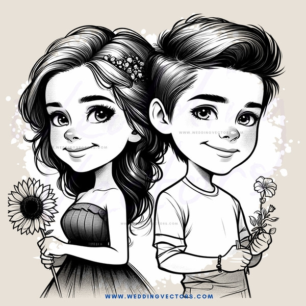 two smiling faces with flowers and sunflowers in their hands