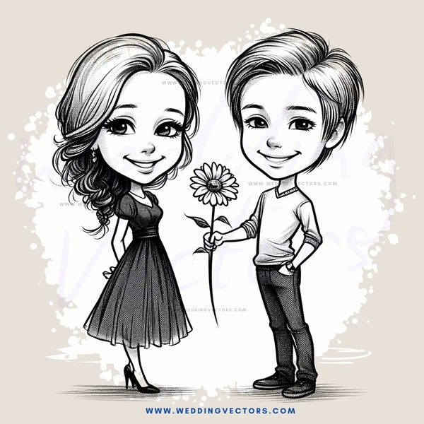 cartoon drawing of boy and girl holding flowers together