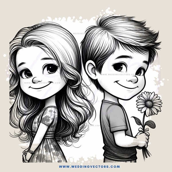 a boy and girl with smiles on their faces, holding flowers