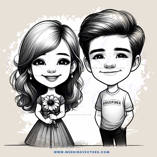 two cartoon people smiling and standing next to each other