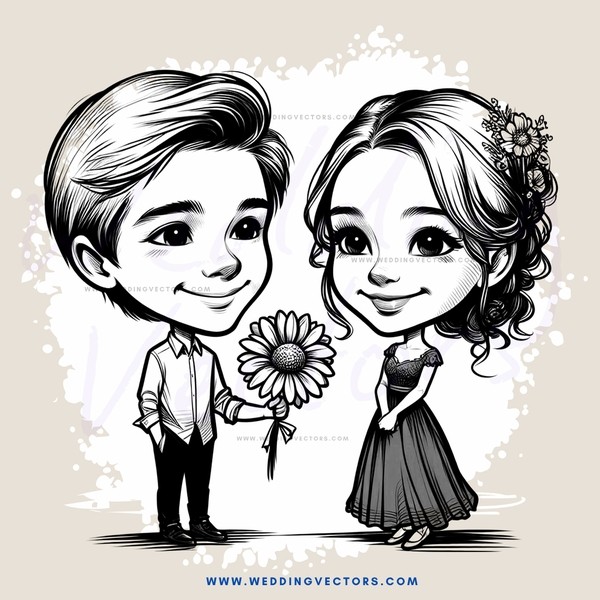 cartoon boy and girl holding flower and fancy dresses