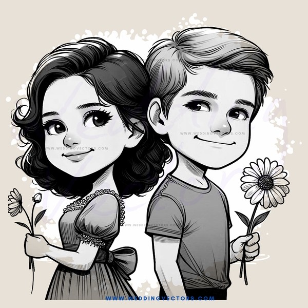 a girl and boy holding flowers