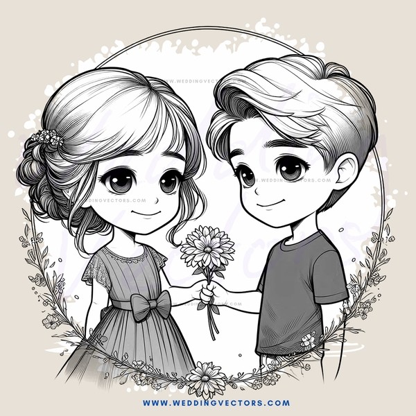 two children exchanging flowers