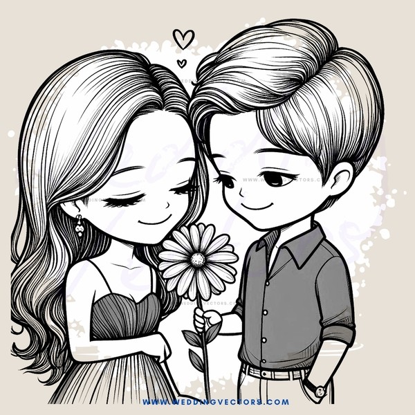 young couple holding flower and smiling