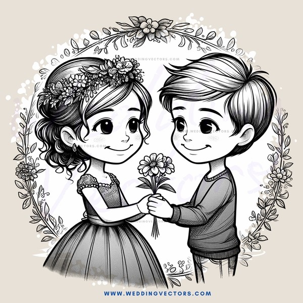 two young people exchanging flowers