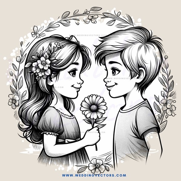 a girl and boy holding flowers