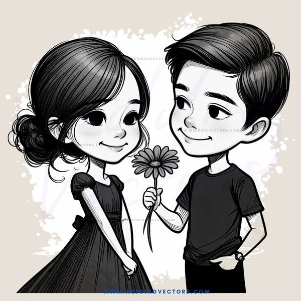 girl and boy posing together with flowers in hands