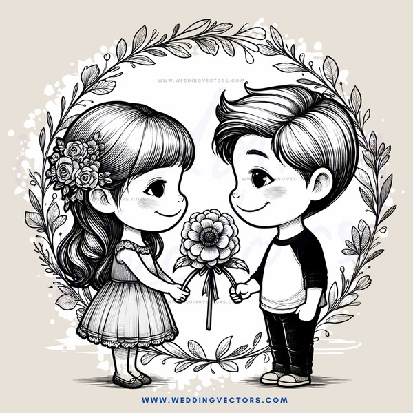 two people holding flowers in black and white drawing