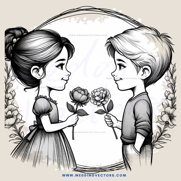 two kids with flowers in hands