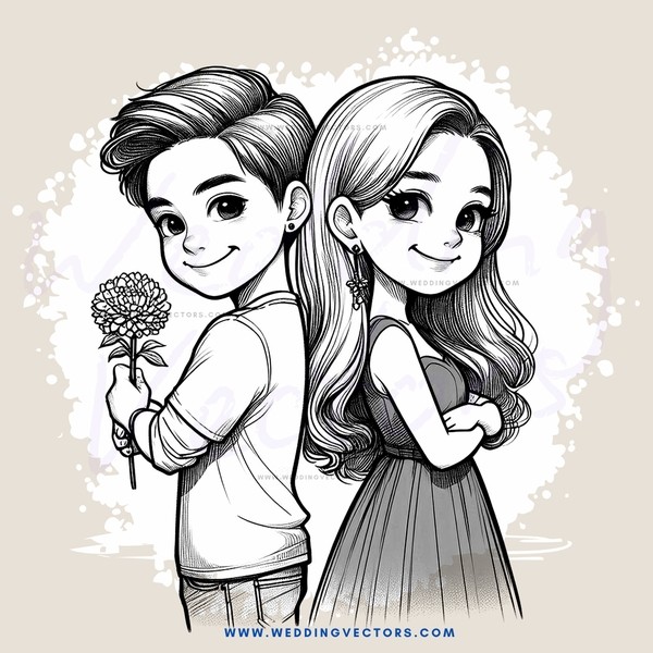 cartoon couple holding flowers