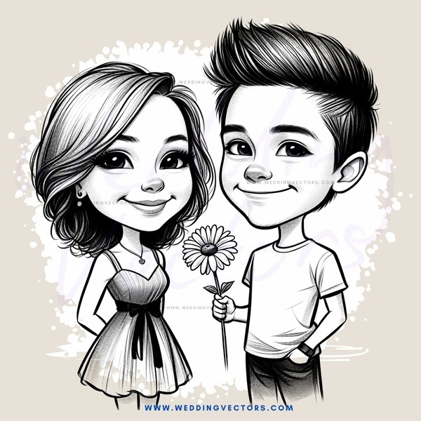 two children in black and white cartoon pose for photo