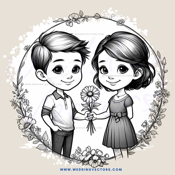 a boy and girl holding flowers in an illustrated circle