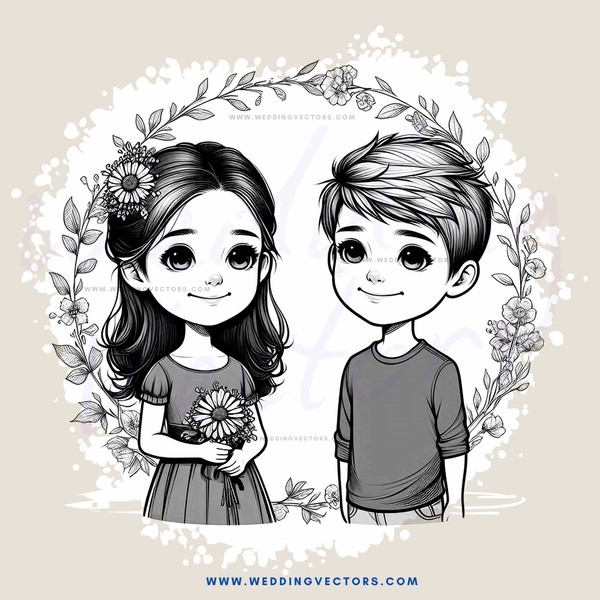 cartoon boy and girl in circle frame