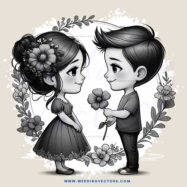 boy and girl shaking hands with flowers in hand