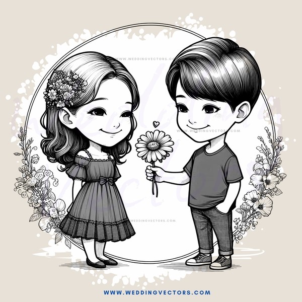 two people with flowers and a flower in the middle