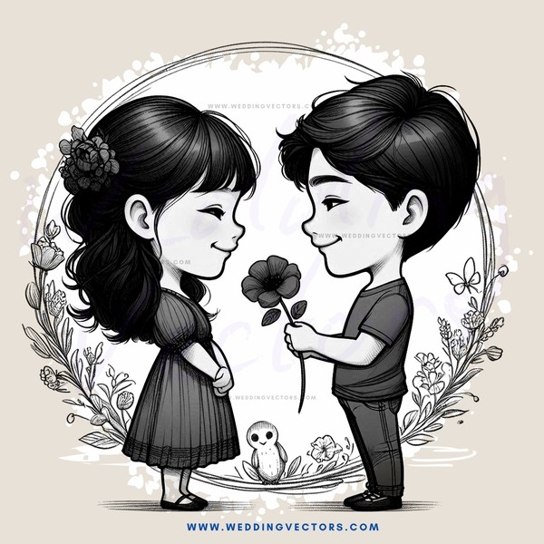 young couple holding flowers and looking down at a small animal