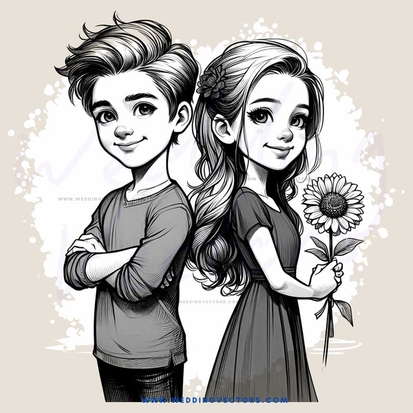 a boy and girl holding flowers