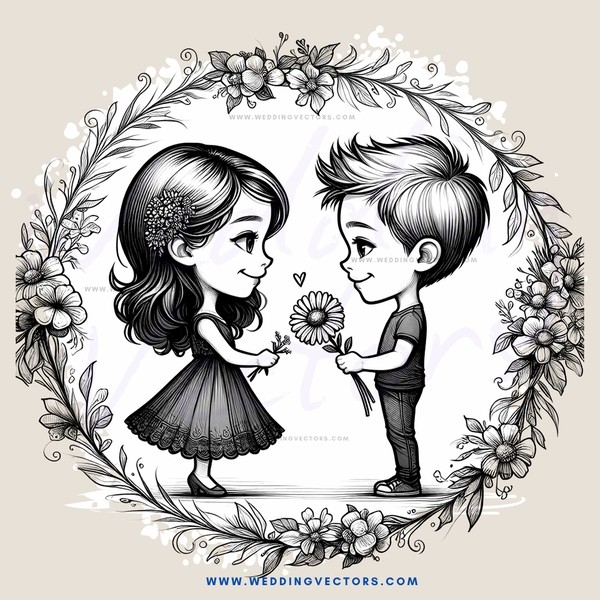 the boy and girl holding flowers