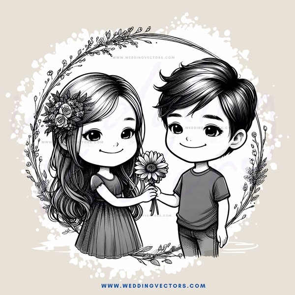 a boy and girl holding flowers