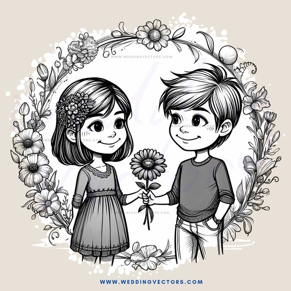a boy and girl holding flowers in an engagement ring