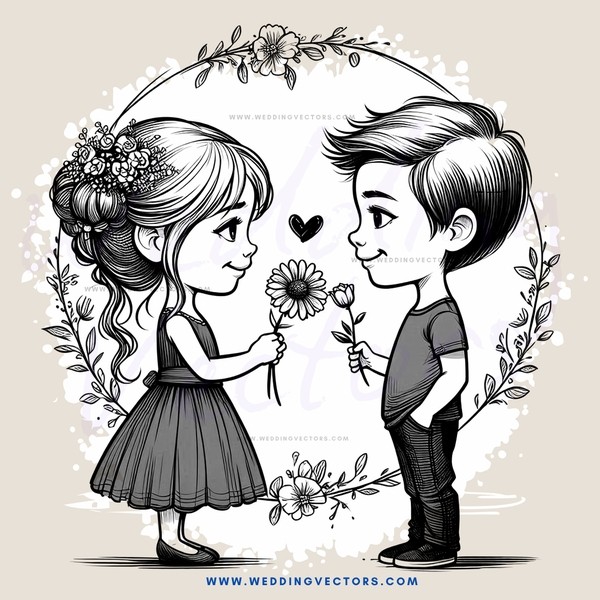 a boy and girl holding flowers