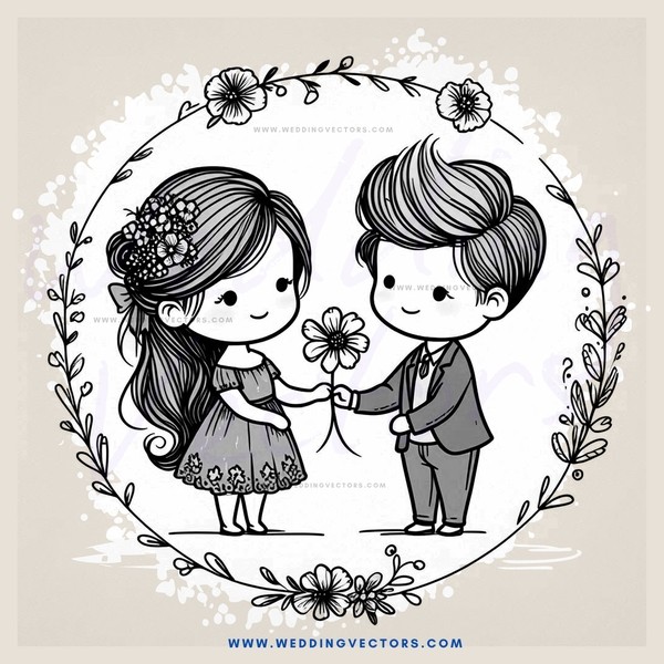 a couple exchanging flowers in an oval shape