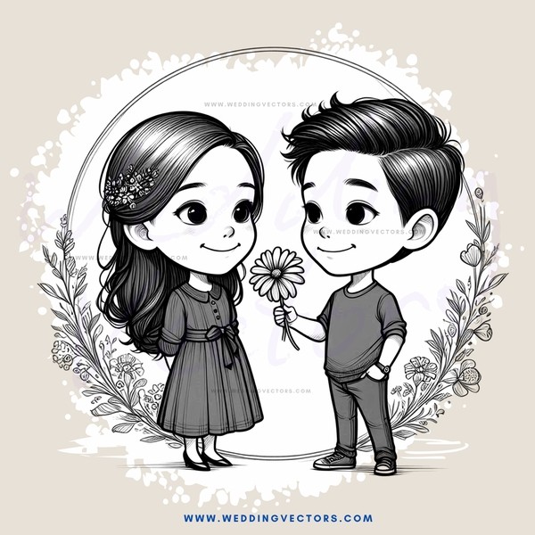 a boy and girl posing with a flower