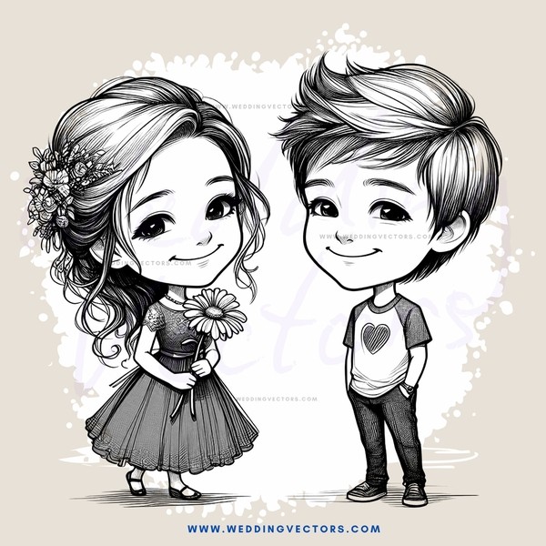 two kids in black and white drawing
