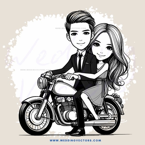 couple riding motorcycle together in black and white illustration