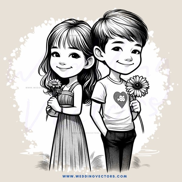 cartoon picture of a boy and girl posing with flower bouquets
