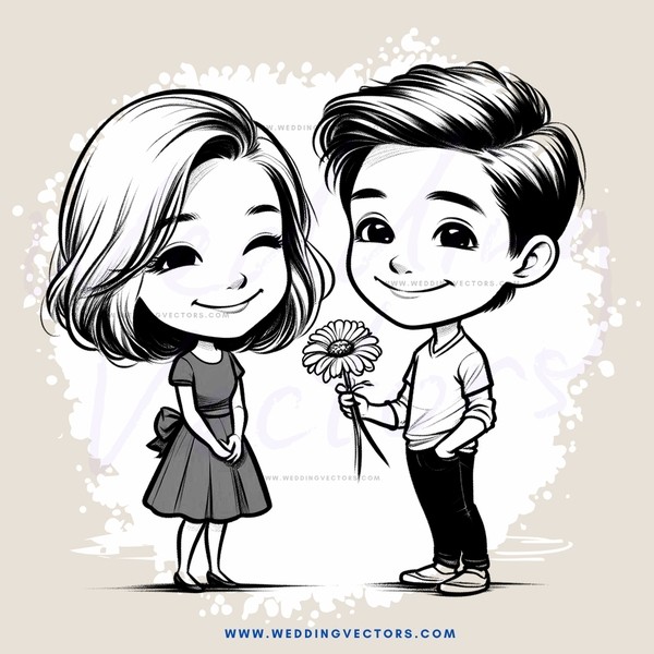 cartoon girl and boy with flower
