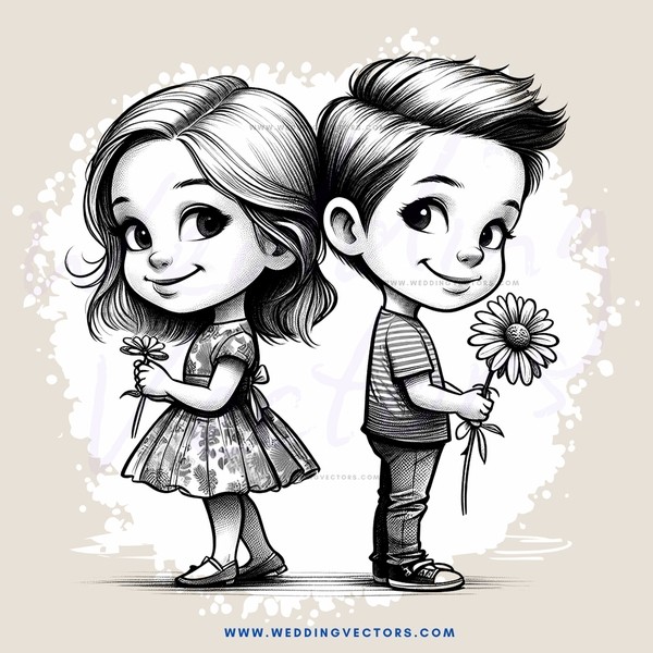 cartoon girl and boy posing with flower