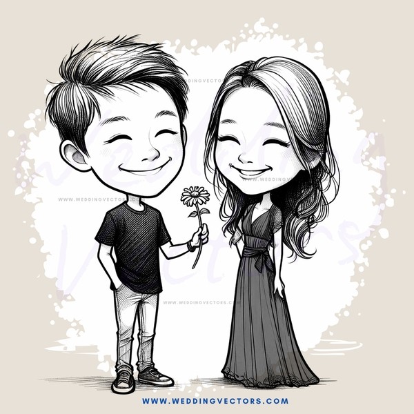 a happy couple holding flowers