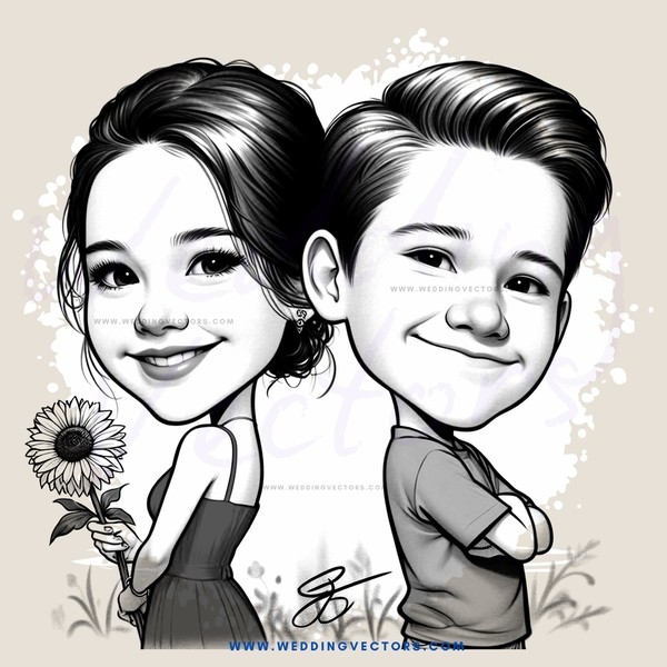 a young couple posing for a picture with flowers and sun in the background