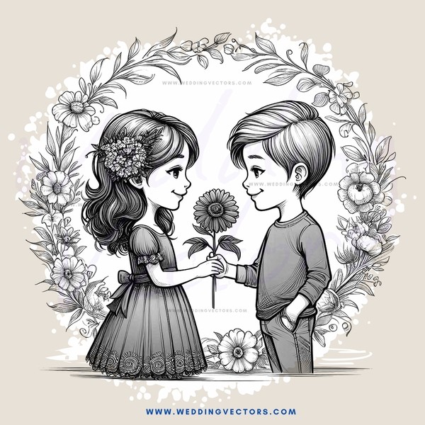 two kids with flowers in hands