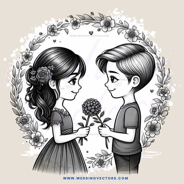 boy and girl posing with flowers