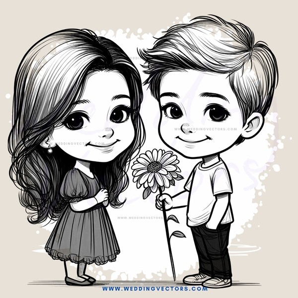 a girl and boy with flowers, dresses, and curls
