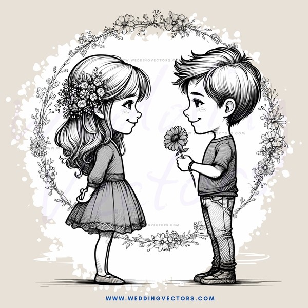 cartoon couple holding flower and smiling