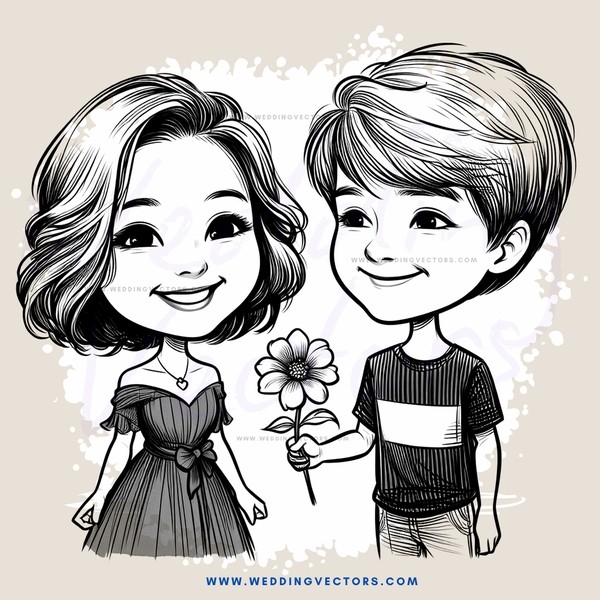 a cartoon drawing of two children with flowers