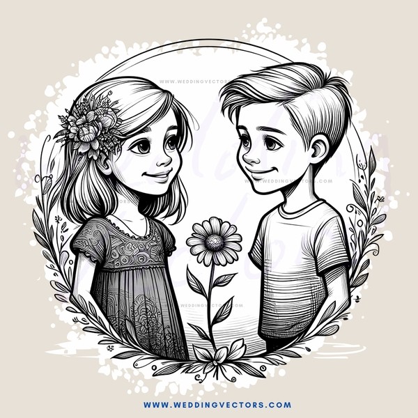 cartoon boy and girl with flower on head